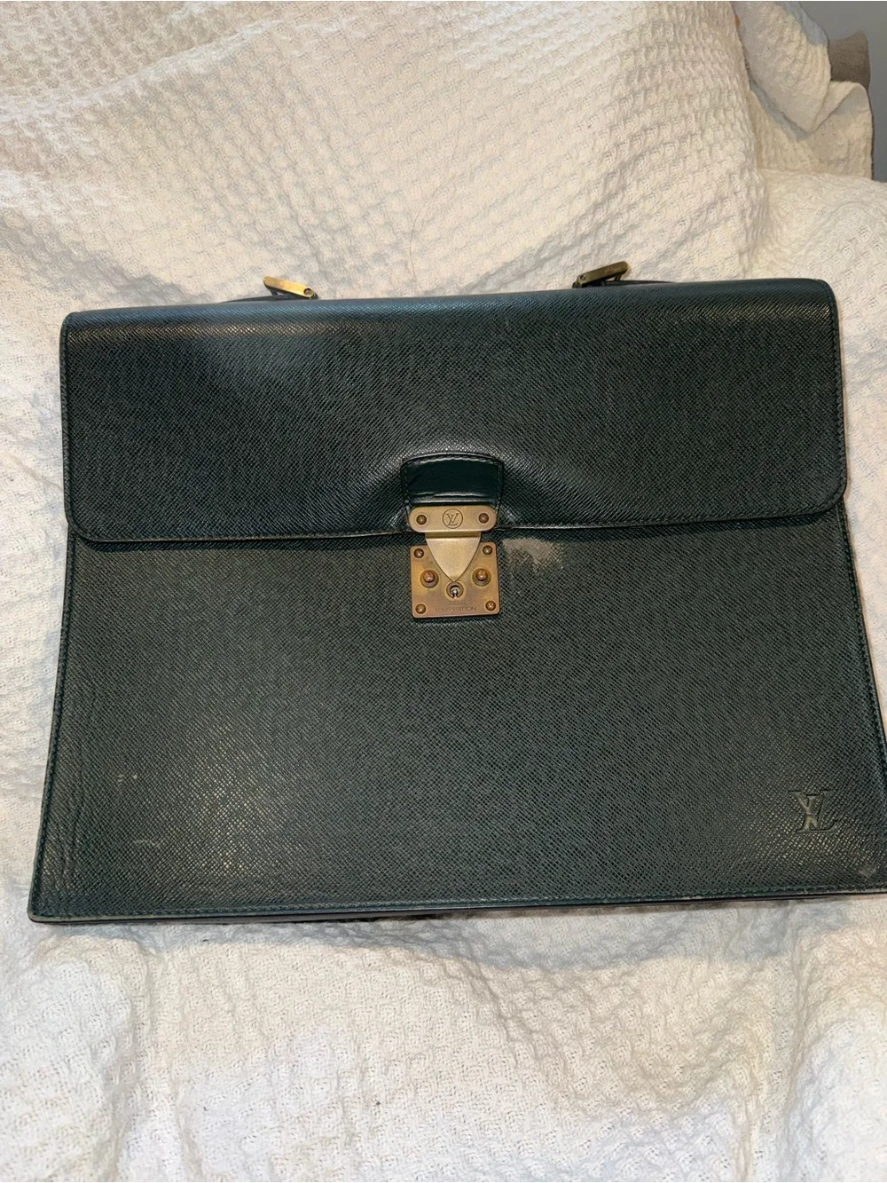 Authentic LV Serviette Kourad Briefcase Taiga Leather Dark Green